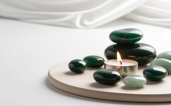 靜心燭光與翡翠玉石搭配冥想場景，展現玉石能量與靈性療癒的氛圍，有助身心平衡與脈輪淨化。