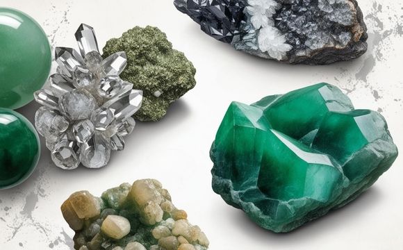 翡翠、水晶、和闐玉等天然礦物標本圖，展示玉石結構與色澤特徵，協助理解礦物分類與真假辨別。