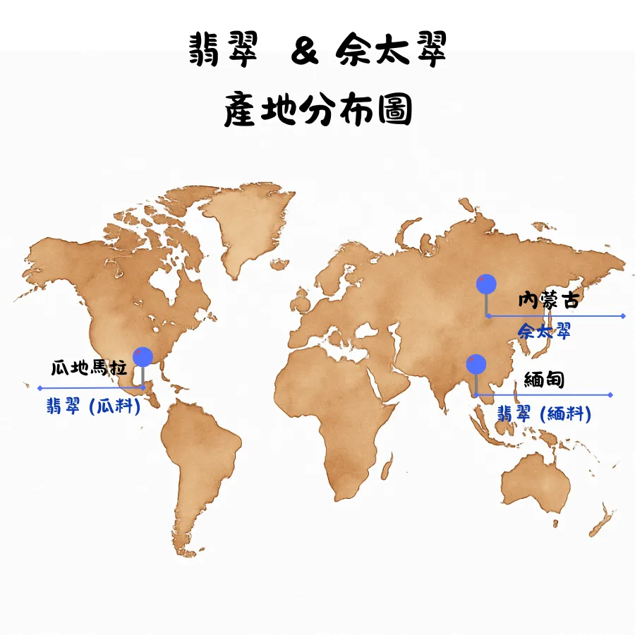 翡翠與佘太翠的主要產地分布圖，標示緬甸、瓜地馬拉與中國內蒙古大佘太鎮。
