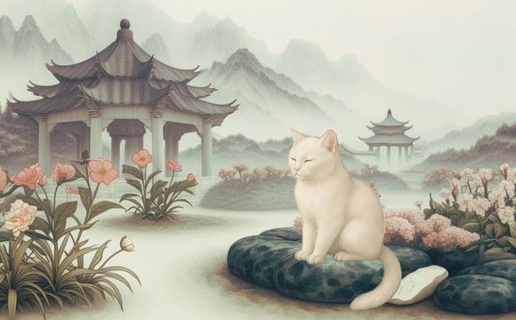 坐在花園玉石上的白貓，背景為中國風亭台與山水景色，展現玉石與貓咪品牌故事交織的詩意畫面。
