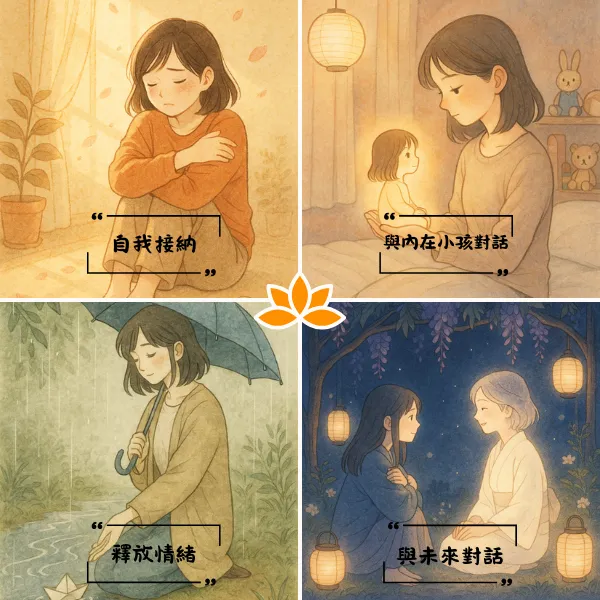 臍輪情緒療癒插畫，呈現自我接納、內在小孩對話、釋放情緒與未來連結的練習