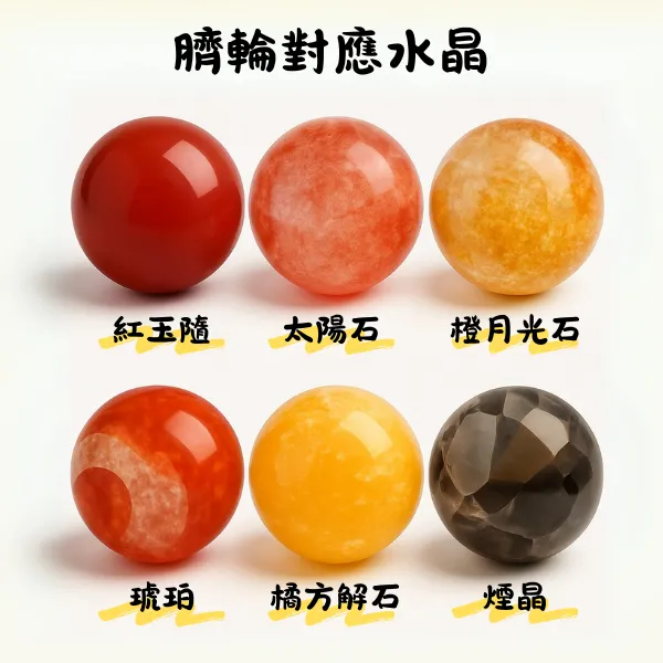 六種對應臍輪的療癒水晶：紅玉髓、太陽石、橙月光石、琥珀、橘方解石與煙晶