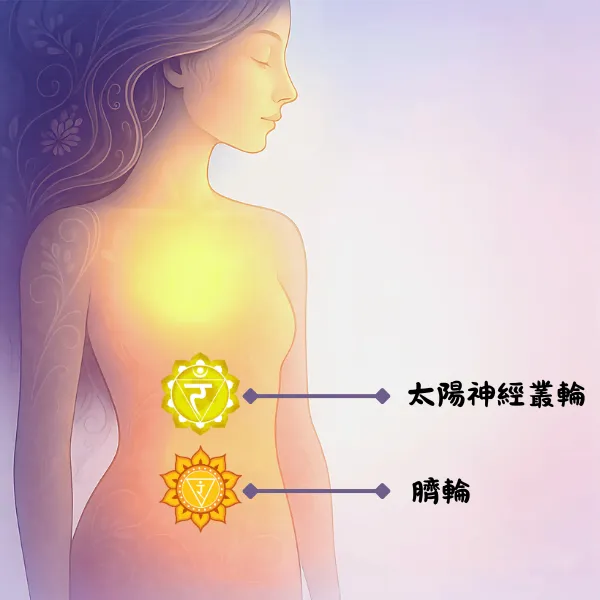 太陽輪與臍輪位置對比圖,清楚標示上腹部與下腹部的能量中心差異