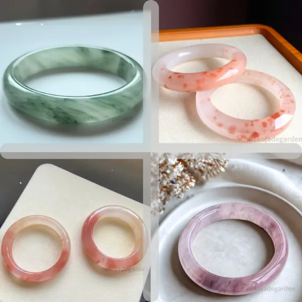 四款新疆金絲玉手鐲分類圖,分別為天山翠、桃花釀、覓緣與紫羅蘭,呈現不同色系與紋理風格。