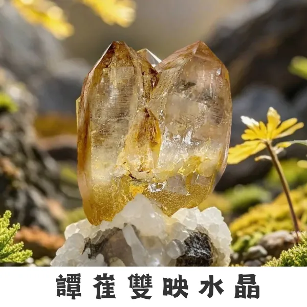 譚崔雙映水晶外觀：兩個晶體共基座成對生長，象徵關係和諧與陰陽整合